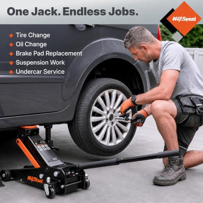 AV Steel 3 Ton Floor Jack (6000 lbs), Single Piston Steel Hydraulic Floor Jack, Lift Range 5.5" to 18.5", Fits Cars, SUVs & Standard Trucks - Not for Lifted Vehicles or Heavy-Duty Trucks