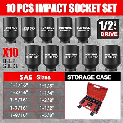 TONYNOL 1/2" Inch Drive Impact Socket Set,6-Point,SAE (1-1/16" to 1-5/8"),10 PC Deep,Heavy Duty Impact Socket Set,With a Storage Case - size: 1/2" SAE 10PC (1-1/16" to 1-5/8") Deep