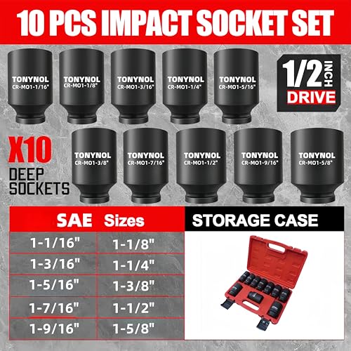 TONYNOL 1/2" Inch Drive Impact Socket Set,6-Point,SAE (1-1/16" to 1-5/8"),10 PC Deep,Heavy Duty Impact Socket Set,With a Storage Case - size: 1/2" SAE 10PC (1-1/16" to 1-5/8") Deep