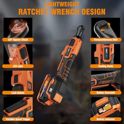 Protmex 3/8" Electric Cordless Ratchet Wrench Set (Brushless) | 74 FT-LBS (100 N.m), 400 RPM Variable Speed, LED Light, 21V with 2 x 2.0Ah Batteries, 1/4 Adaptor, 3" Extension Bar