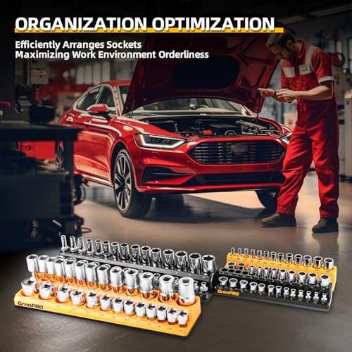 GRENPRO Socket Organizer for Tool Box Drawer, 6pc 143 Metric & SAE Magnetic Socket Holder, 1/4", 3/8", 1/2" Drive Socket Tray Set, Magnetic Socket Organizer - style: 6-Piece Magnetic Socket Holder
