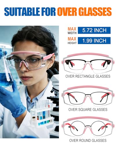 Safety Glasses Over Eyeglasses — ANSI Z87.1 Certified Clear Safety Goggles with UV380 Anti-Fog & Scratch Wraparound Lenses & Adjustable Temples — Ideal for Chemistry Lab Work & Industrial Use - color: Light Pink