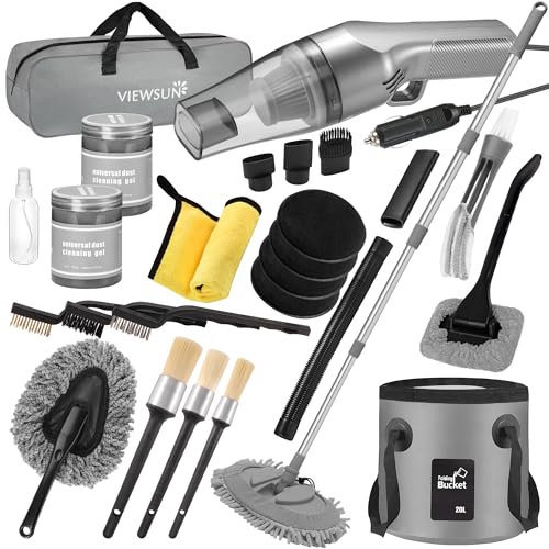 21Pcs Car Cleaning Kit with High Power Handheld Vacuum, Car Wash Mop with Long Handle, Bucket, Detailing Brush Set, Windshield Cleaner, Complete Interior Exterior Washing Supply for Men Women - color: Grey, size: 21Pcs