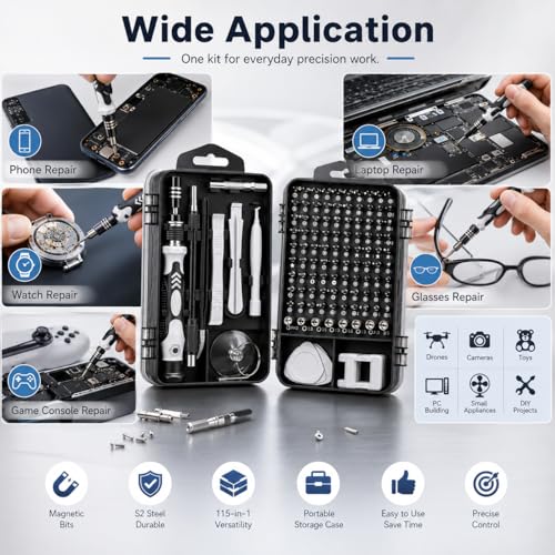 115-in-1 Precision Screwdriver Sets, Professional Repair Tool Kit Multiple Bits for Electronics, Phone, Watch, Automotive, Glasses and Bike Maintenance Non-Slip Handle Tweezers and Crowbar - color: Silver