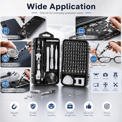 115-in-1 Precision Screwdriver Sets, Professional Repair Tool Kit Multiple Bits for Electronics, Phone, Watch, Automotive, Glasses and Bike Maintenance Non-Slip Handle Tweezers and Crowbar - color: Silver