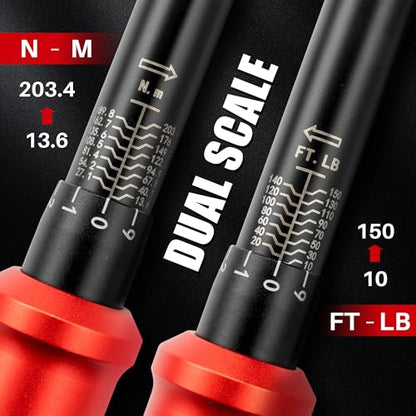 1/2-Inch Drive Click Torque Wrench-10-150 Ft-Lb for Car Motorcycle | Adjustable Inch Pound Torque Wrench (13.6-203.4Nm),72T Dual-Direction Dual Range, 3% Precision for Bike Lug Nut Machinery DIY - size: 1/2"DR. 10~150 FT-LB