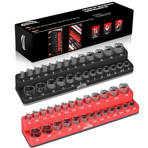 GOOACC 1/4" Magnetic Socket Organizer, 2 Pieces Socket Holder Metric SAE Socket Tray, 1/4 inch Socket Organizer Tray Holds 52 Standard Sockets for Tool Box Drawer - size: 2PCS 1/4" SAE & Metric Red Black