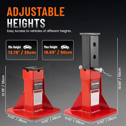 Heavy Duty Jack Stands 22 Ton (44,000 lb) Capacity, 2-Pack, Red | Low Profile Design, Pin Lock Mechanism, Adjustable Height Range, Fits Car SUV Truck Pickup, Steel Construction, 2 Pack Set - size: 22 Ton