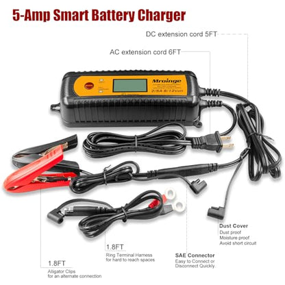 Smart Battery Charger, Mroinge 5A 6V/12V Automatic Battery Charger/Maintainer/Desulfator for Cars, SUVs, Trucks and More, Suitable for Charging Lead-Acid & Lithium (LiFePO4) Batteries