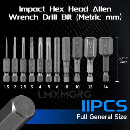 11PCS Hex Head Allen Wrench Drill Bit Set,Metric Hex Bit Set,1/4 Inch Square Shank Impact CNC Machined Screwdriver Bits(50mm) - color: 11pcs Hex Head