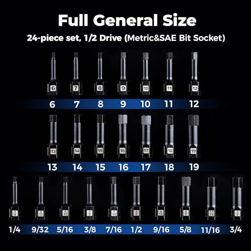 toolant 1/2" drive impact hex bit socket set 24PCS,Hex Drive, SAE/Metric, 1/4"-3/4",6mm-19mm, S2 Steel Air Drive Allen Socket set,Impact Grade，Anti-Roll Design - size: 1/2" drive - 6mm-19mm - 24 PCS
