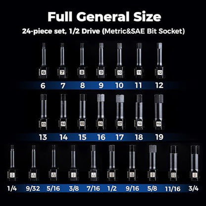 toolant 1/2" drive impact hex bit socket set 24PCS,Hex Drive, SAE/Metric, 1/4"-3/4",6mm-19mm, S2 Steel Air Drive Allen Socket set,Impact Grade，Anti-Roll Design - size: 1/2" drive - 6mm-19mm - 24 PCS