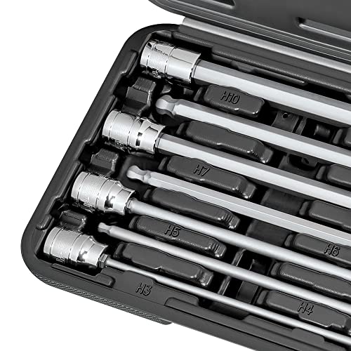 CARBYNE 7-Piece Extra Long Ball End Hex (Allen) Bit Socket Set, Metric 3mm to 10mm, 3/8 in. Drive, S2 Steel, CrV Sockets, Zinc Phosphate Bit Finish, 6.1 in. Length, Durable Case - style: Metric Hex, Ball-End