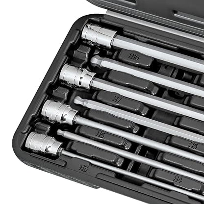 CARBYNE 7-Piece Extra Long Ball End Hex (Allen) Bit Socket Set, Metric 3mm to 10mm, 3/8 in. Drive, S2 Steel, CrV Sockets, Zinc Phosphate Bit Finish, 6.1 in. Length, Durable Case - style: Metric Hex, Ball-End