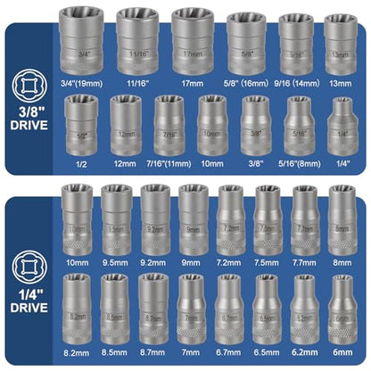 Upgrade Bolt Extractor Kit, 32 Piece Stripped Bolt Extractor Socket Set, Rounded Bolt Remover, Lug Nut Remover with ¼ Inch and ⅜ Inch Adapter for Removing Damaged Frozen Rusted Rounded-Off Bolts Nuts