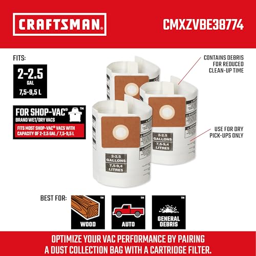 CRAFTSMAN CMXZVBE38774 2-2.5 Gal. Wet Dry Shop Vacuum Dust Collection Bags | For General Debris, Fits Most 2 to 2.5 Gallon Shop Vacuums, Collects Dry Only Debris, Reduces Cleanup Time, 3-Pack - style: 2-2.5 Gallon General Purpose