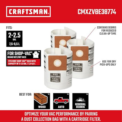 CRAFTSMAN CMXZVBE38774 2-2.5 Gal. Wet Dry Shop Vacuum Dust Collection Bags | For General Debris, Fits Most 2 to 2.5 Gallon Shop Vacuums, Collects Dry Only Debris, Reduces Cleanup Time, 3-Pack - style: 2-2.5 Gallon General Purpose