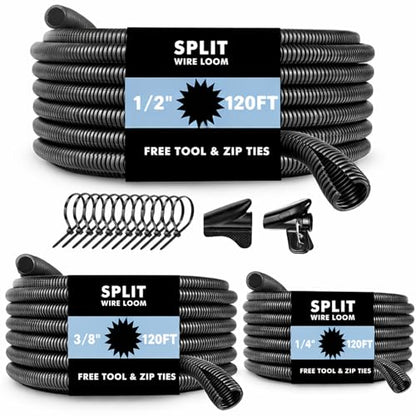 Automotive Wire Loom Flame Retardant Split Wire Loom Tubing Assortment Wiring Loom Kit Plastic Cover Electrical Covering Conduit Protective Wire Wrap Cable Sleeves Black 1/4", 1/2", 3/8" x 120 Ft - size: 1/4", 1/2", 3/8" x 120 ft