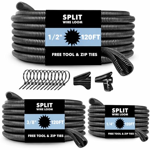 Automotive Wire Loom Flame Retardant Split Wire Loom Tubing Assortment Wiring Loom Kit Plastic Cover Electrical Covering Conduit Protective Wire Wrap Cable Sleeves Black 1/4", 1/2", 3/8" x 120 Ft - size: 1/4", 1/2", 3/8" x 120 ft