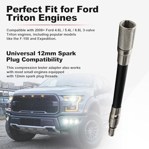 5608 12mm Compression Tester Adapter Compatible with Ford 4.6L, 5.4L, 6.8L 2008 and Newer 3-Valve Engines with 12mm Spark Plugs