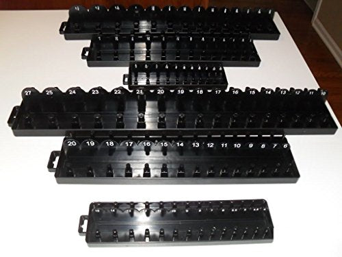6pc Metric Sae Socket Organizer Tray 1/4 3/8 1/2 Holder Set Deep Shallow Impact