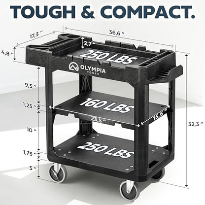 Olympia Tools 2-in-1 Heavy Duty Utility Work Cart, Rolling Tool Cart with Wheels, Convertible 3-Shelf to Flat Top Workstation, 660 Lb Capacity, Black - size: 600 Lb