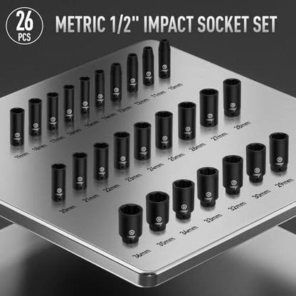 DISEN 26 Pcs Metric 1/2" Impact Socket Set, Deep Sockets Set Impact, 6-Point,Cr-V,Rugged Construction 1/2 Inches Drive Socket 10mm - 36mm, with a Storage Cage - style: 1/2“ 26PCS