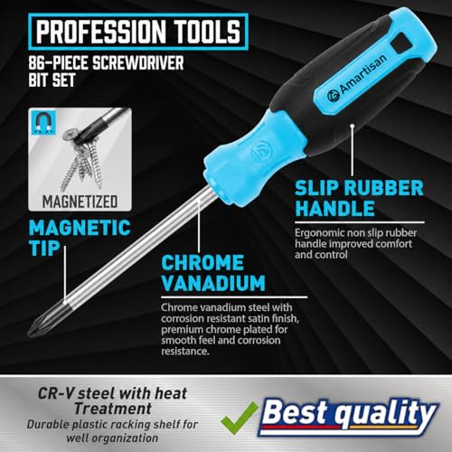 Amartisan 86-Piece Magnetic Screwdrivers Set with Case, Includs Slotted, Phillips, Hex, Pozidriv,Torx and Precision Screwdriver Set, Magnetizer Demagnetizer Tools, Tools for Men(Blue) - style: 86-Piece Screwdrivers Set (Blue)