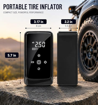 Tire Inflator Portable Air Compressor, Dual Power 12V DC/Rechargeable | Digital Display Gauge Car Tire air Pump, Battery Operated, LED Work Light, for Car Tires, SUV, Motorcycles, Bicycles, Balls