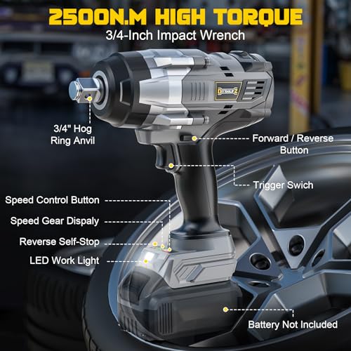 DIYtoolifz 3/4" Cordless Impact Wrench Compatible with Dewalt 20V Battery: 1850FT-LBS(2500N.m) High Torque Impact Driver, Auto-Stop Reverse, 4-Speed Heavy Duty Impact for Car/Truck/Mower(Bare Tool) - size: 3/4 inch, style: Compatible with Dewalt 20V Batte