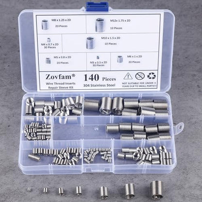 Thread Repair Inserts Kit 140PCS 304 Stainless Steel Metric Thread Insert | M3 M4 M5 M6 M8 M10 M12 Wire Thread Repair Inserts for Automotive, Machinery, Engine Repair