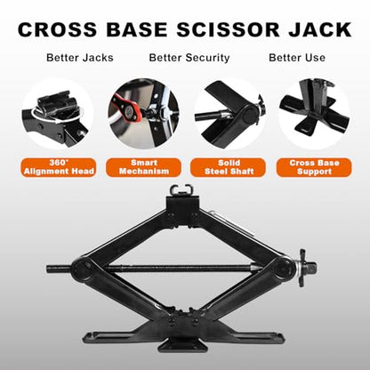 Big RED Wide Base Cross Car Scissor Jack: Steel Portable Quick Lift Tire Jacks Include Ratchet Wrench for Car, Truck, Sedans and MPV, 2 Ton (4,409 lbs) Capacity, Black