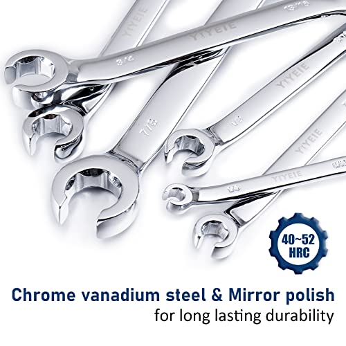 YIYEIE 11-Piece Flare Nut Wrench Set Bunlde, Metric & SAE, 9-21mm & 1/4" to 15/16'', 6 Point Open End, 15° Offset, CR-V Steel, Line Wrenches with Carrying Pouch