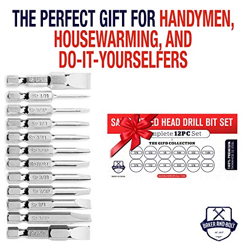 Slotted Screwdriver Bit Set | Premium12pc Complete SAE Set Bit Holder and Storage case Precision 1/4in Hex Shank Magnetic Flat Head Drive Bits Set 2 in Long Security Set for Drill Impact Drivers - style: SLOTTED (SAE)