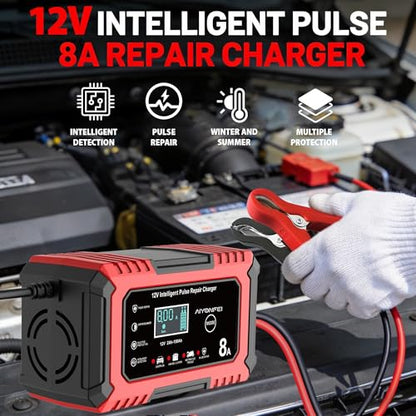 12V Battery Charger 8-Amp Smart Trickle Charger, Red | Battery Maintainer and Desulfator, Temperature Compensation, for Car, Truck, SUV, Motorcycle, Boat, Lead Acid, LiFePO4 ﻿ - color: Red