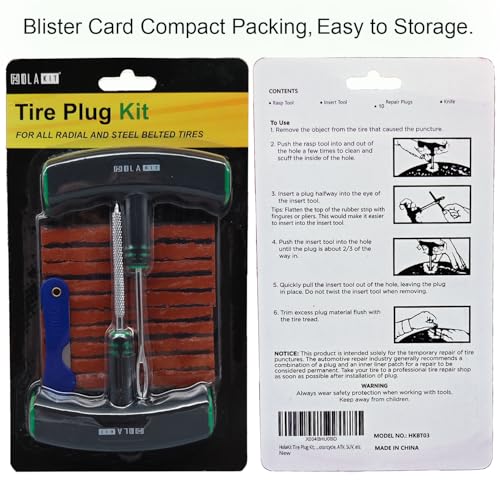 HolaKit 13-Piece Tire Plug Kit with T-Handle Tools and Vulcanizing Plugs | Oversized rubber-grip T-handles improve control while ten self-vulcanizing plugs cover multiple roadside repairs