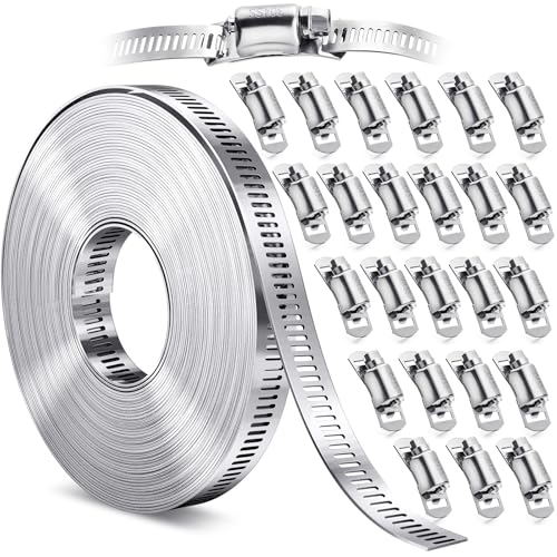 Hose Clamps- Stainless Steel Hose Clamp DIY 50FT Metal Strap + 24 Stronger Fasteners Large Adjustable Worm Gear Clamps for Fuel Line, Plumbing, Automotive, Mechanical, Pipe, Tube,Garden,Duct - size: 50FT Metal Strapping+24 Fasteners