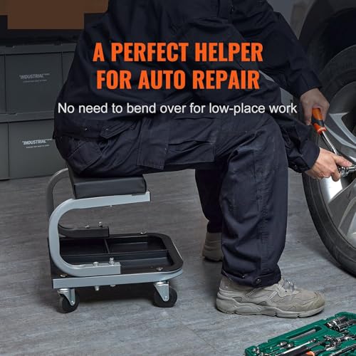 Mechanics Roller Seat, 250 LBS Capacity Padded Rolling Workshop Stool with Tool Tray Storage for Garage, Shop, Auto Repair,Black