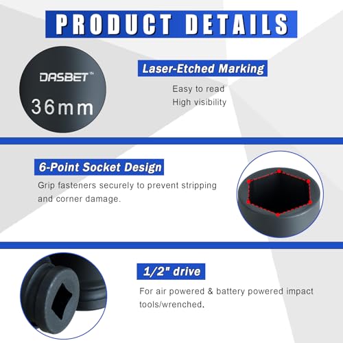 DASBET 1/2" Drive Deep Impact Socket Set | 9PCS 6 Point Metric 29-38mm Drive Spindle Axle Hub Nut Socket Set with Size Markings and Storage Case