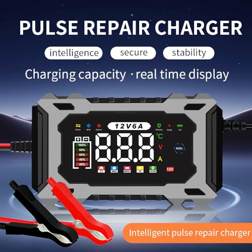 6-Amp 12V Smart Car Battery Charger, Battery Maintainer Trickle Charger with Desulfator, Pulse Repair & Overcharge Protection - for Car Lawn Mower Marine Lead-Acid Batteries (Gray) - color: Gray