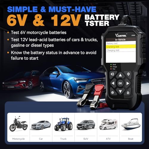 Car Battery Tester 12V 6V VDIAGTOOL BT300, 5-3000 CCA Load Tester Starter Alternator Tester Automotive Charging Cranking System Tester for Motorcycle Car Truck SUV ATV Boat