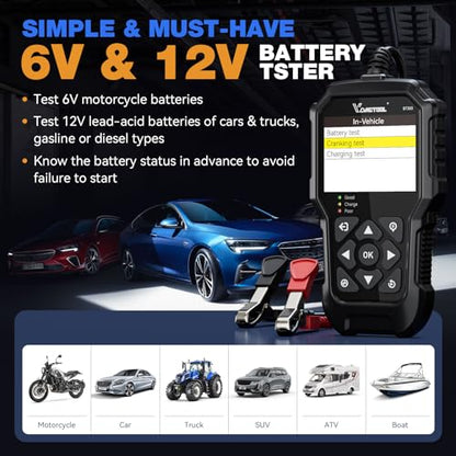 Car Battery Tester 12V 6V VDIAGTOOL BT300, 5-3000 CCA Load Tester Starter Alternator Tester Automotive Charging Cranking System Tester for Motorcycle Car Truck SUV ATV Boat