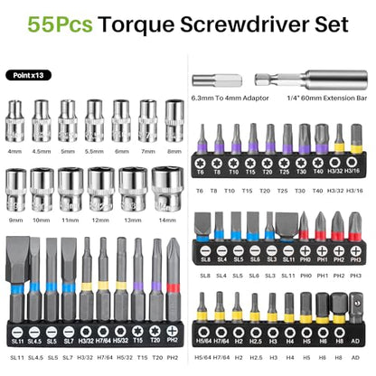 56Pcs Torque Screwdriver, 10-80In-lb for Maintenance, Gunsmithing | 1/4" Drive Torque Wrench Set, Inch Pound Torque Screwdriver with S2 Bits, Extension Bar for DIY, Bike Repairing, Gunsmith - size: 56Pcs