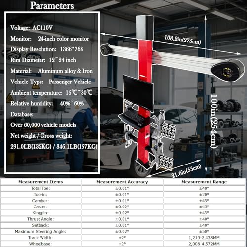 3D Wheel Alignment Machine with Auto Tracking High Precision 0.1mm/0.01° Accuracy for Cars & Trucks, 60,000+ Vehicle Database, Smart Voice Guidance, No Calibration Needed 110V