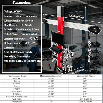 3D Wheel Alignment Machine with Auto Tracking High Precision 0.1mm/0.01° Accuracy for Cars & Trucks, 60,000+ Vehicle Database, Smart Voice Guidance, No Calibration Needed 110V