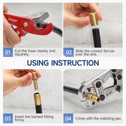 iCrimp Heavy Duty Air Hose Crimper Kit for 19/32" to 25/32" ID Ferrules | 7 Interchangeable Jaws & Cutter- Repair Tool for Rubber, Air & Torch Hoses