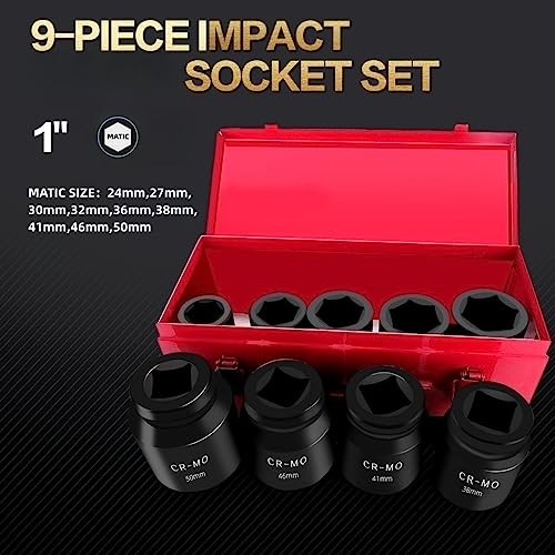 TONYNOL 1" Inch Drive Deep Impact Socket Set,9 Pieces,6-Point,Metric Sizes(24mm,27mm,30mm,32mm,36mm,38mm,41mm,46mm,50mm),Cr-Mo Steel - size: 1" 9PC Metric (24mm-50mm) Deep