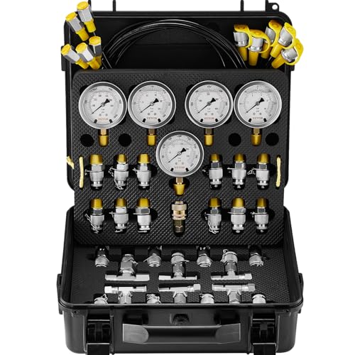 VEVOR Hydraulic Pressure Test Kit, 10/100/250/400/600bar, 5 Gauges 13 Test Couplings 14 Tee Connectors 5 Test Hoses, Hydraulic Gauge Kit with Sturdy Carrying Case, for Excavator Construction Machinery - style: 5 Gauges 13 Couplings