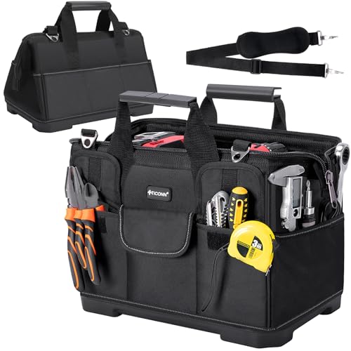 TICONN Heavy Duty Tool Bag with Multi-Pockets, Portable Tool Box Organizer Storage Bag, with Adjustable Shoulder Strap and Ergonomic Handle (Black, 16" Molded Base) - color: Black, size: 16" Molded Base