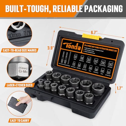 TONDA Bolt Extractor Kit, 16-Piece Stripped Bolt Remover Socket Set with 3/8" Drive Impact Adapter & Knock-Out Pin and Gloves, Heavy Duty Bolt Extractor for Rounded, Rusted, Broken Nuts & Screws